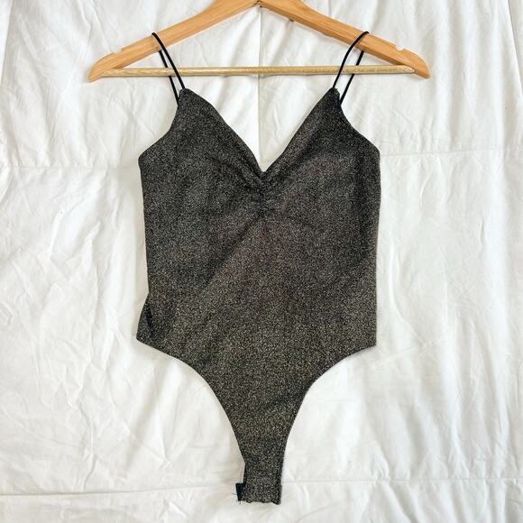 NWT By Anthropologie Seamless Ballerina Glitter Metallic Bodysuit S/M Black Gold - Picture 2 of 7